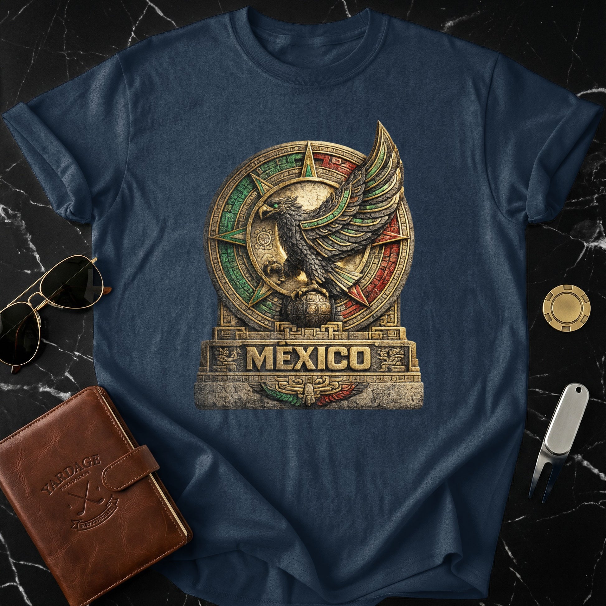 Navy t-shirt with a circular Mexican eagle emblem.