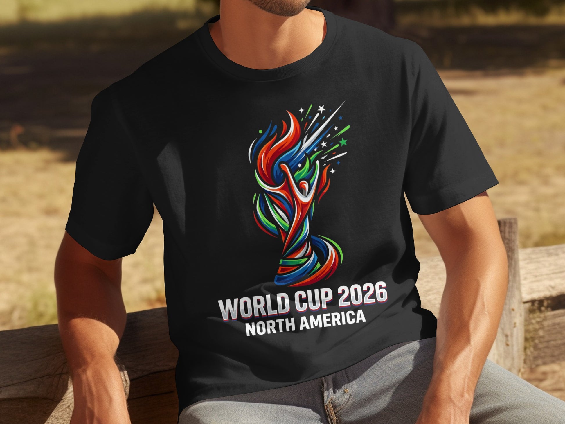 Black t-shirt with colorful World Cup 2026 North America logo graphic.