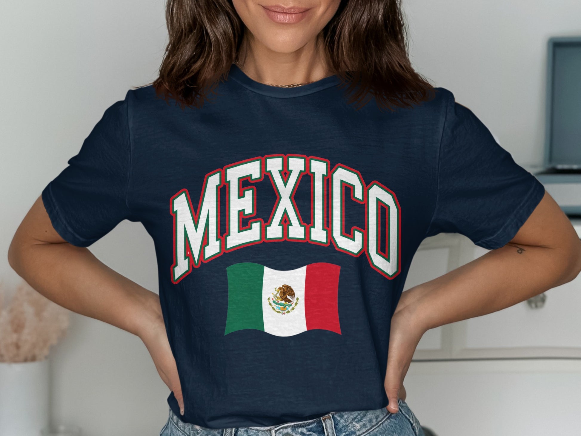 Navy t-shirt with "MEXICO" text and Mexican flag.