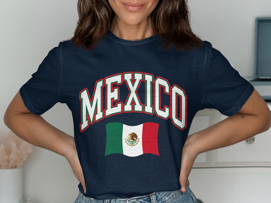 Navy t-shirt with "MEXICO" text and Mexican flag.