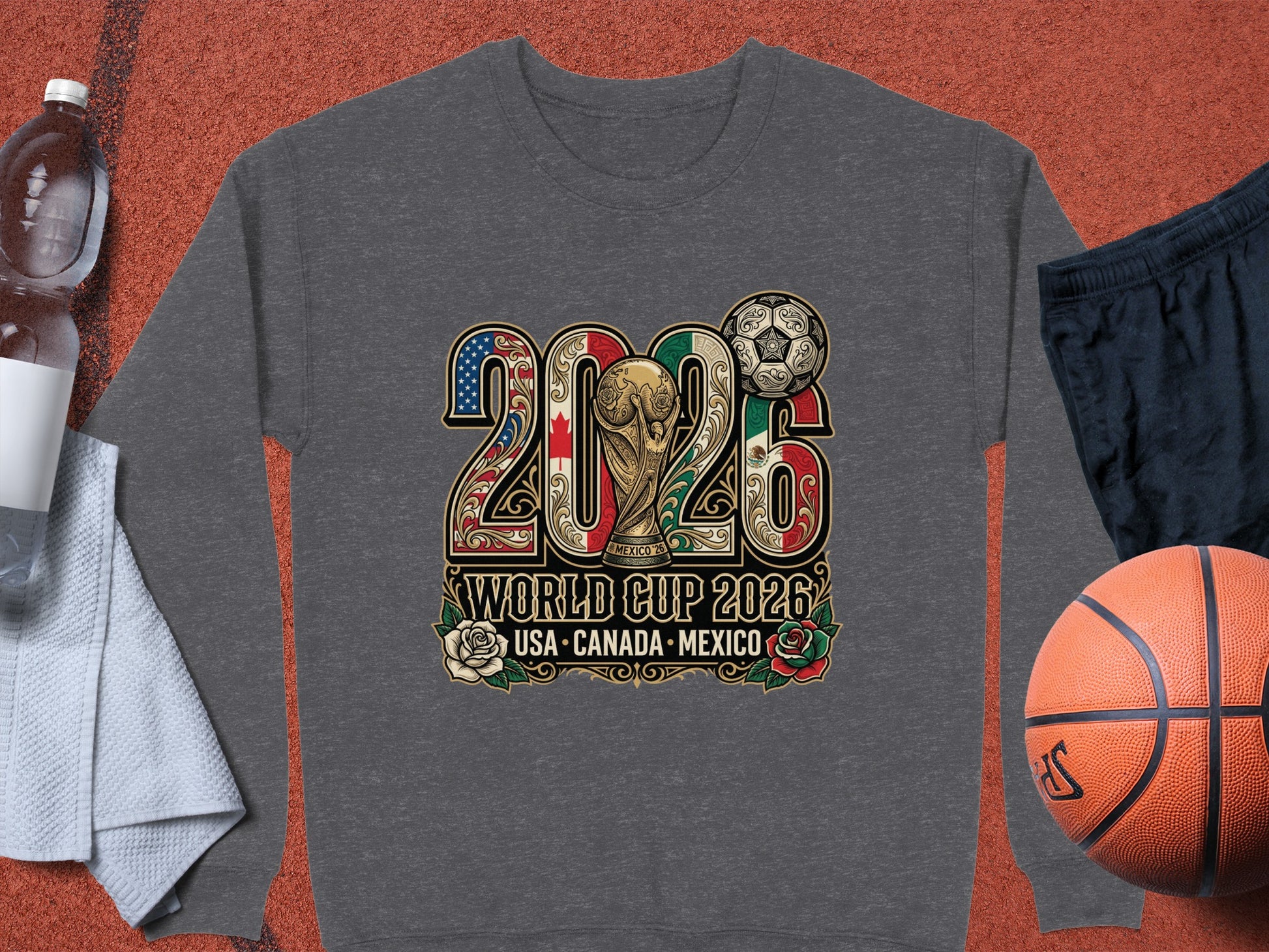 Gray sweatshirt with 2026 World Cup logo featuring USA, Canada, and Mexico flags.