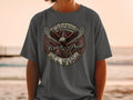 Dark grey t-shirt featuring a circular graphic with an eagle, stars, and 