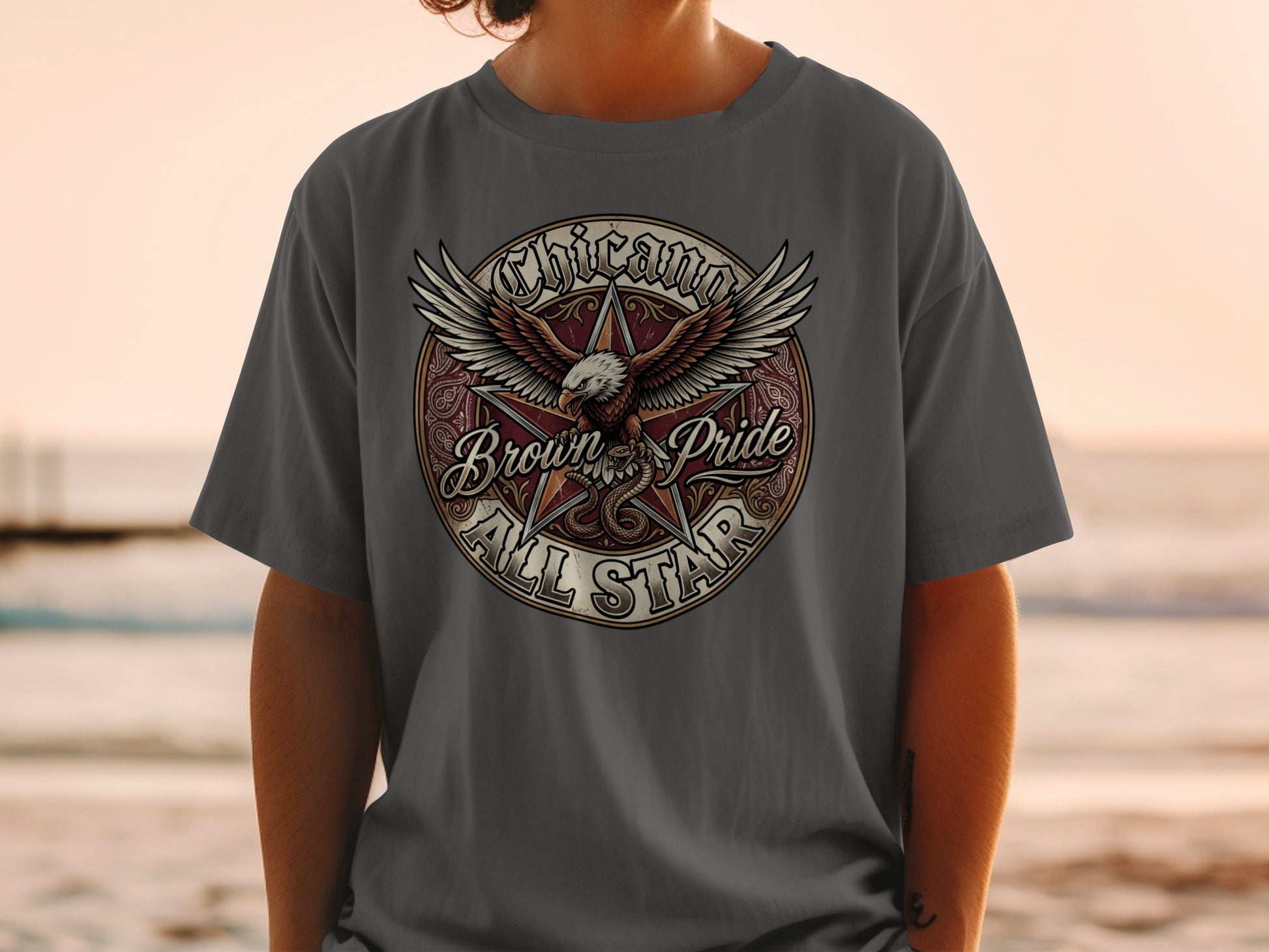 Dark grey t-shirt featuring a circular graphic with an eagle, stars, and "Chicago All Star" text.