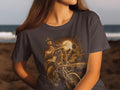 Woman wearing dark t-shirt with vintage car and woman illustration.