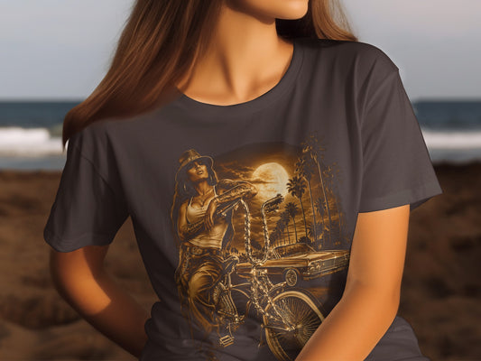 Woman wearing dark t-shirt with vintage car and woman illustration.