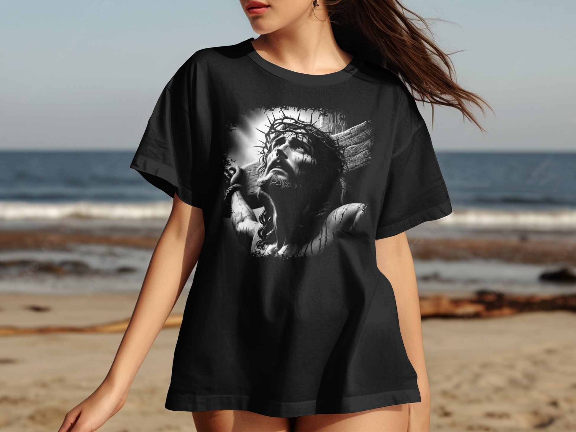 Black t-shirt with a grayscale graphic of Jesus Christ on the cross.