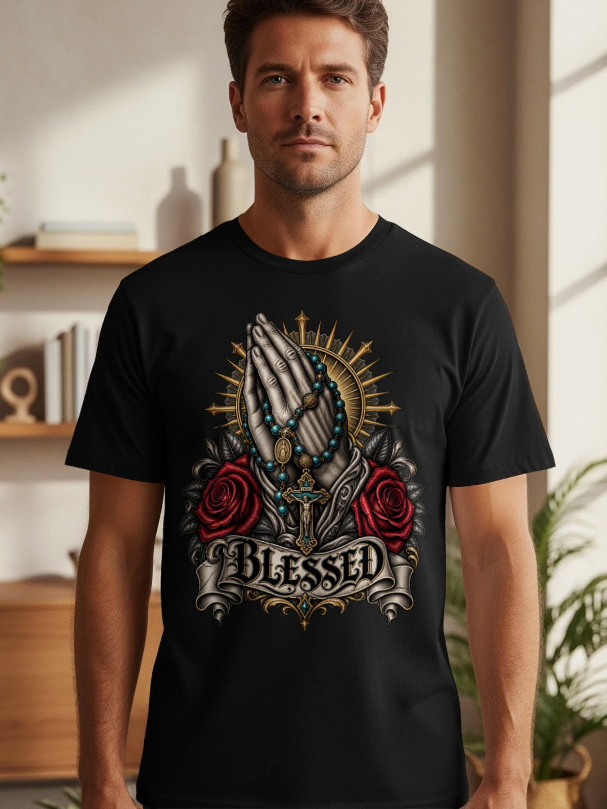 Black t-shirt with praying hands, rosary, cross, roses, and "BLESSED" text.