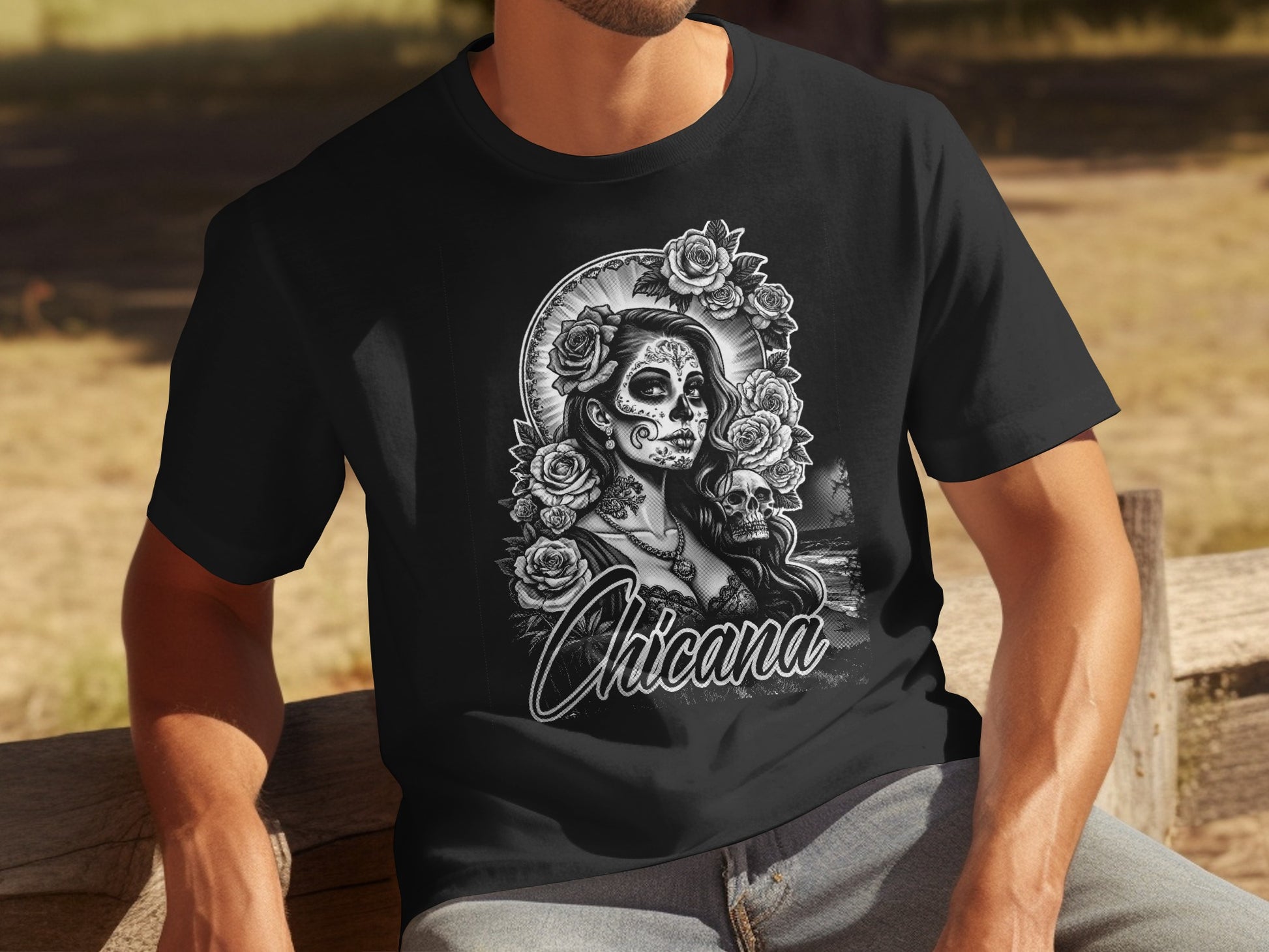 Black t-shirt with a Day of the Dead skull woman, roses, and "Chicana" text.