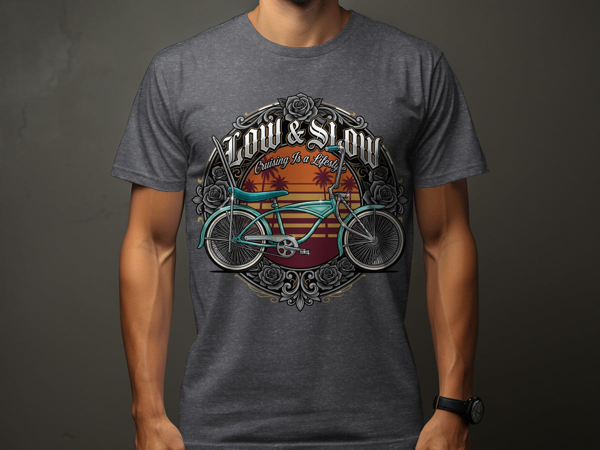 T-shirt with "Low & Slow Cruising Is A Lifestyle" text and vintage bicycle graphic.