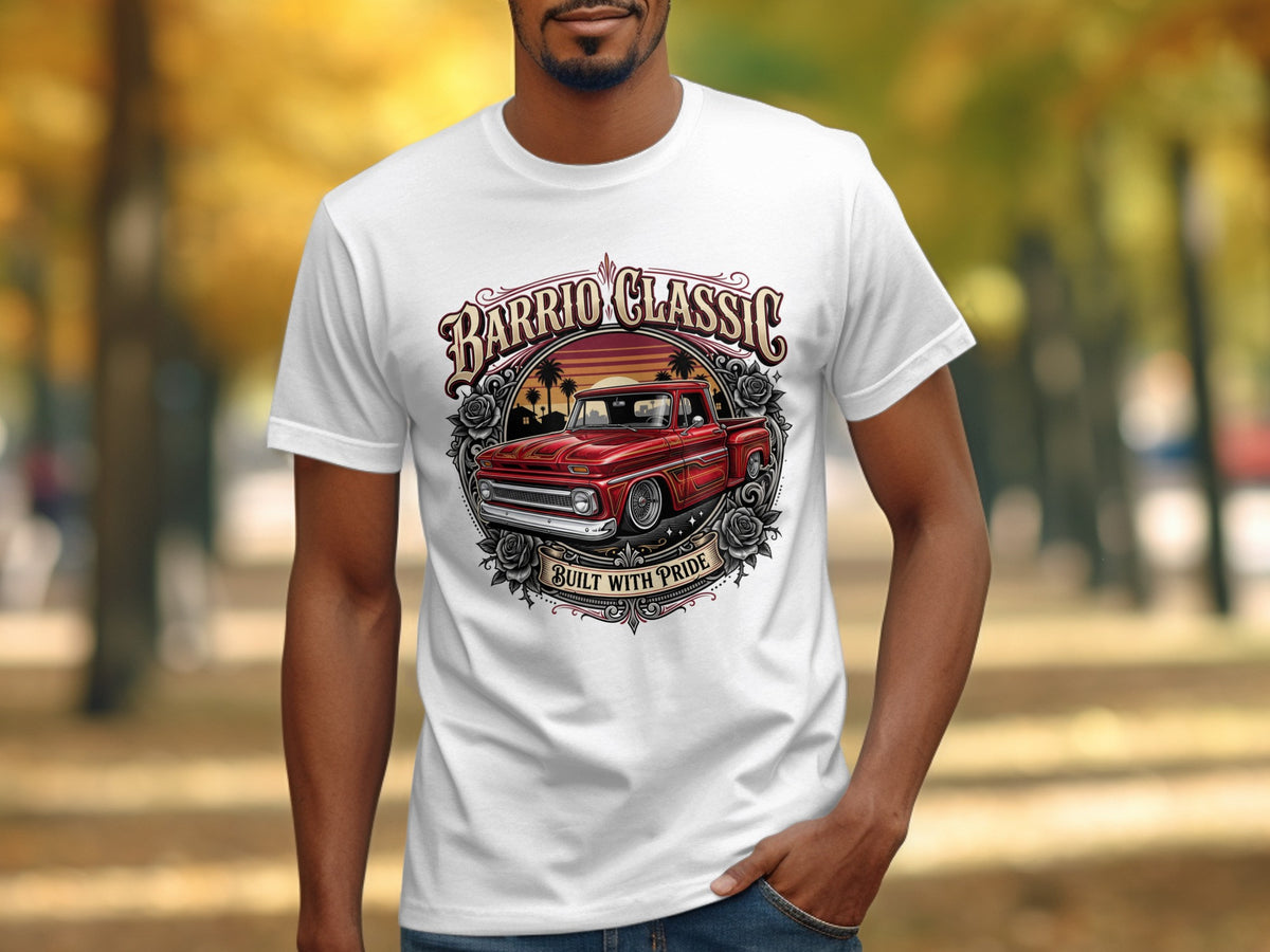 White t-shirt with red classic pickup truck art and text "Barrio Classic Built With Pride".