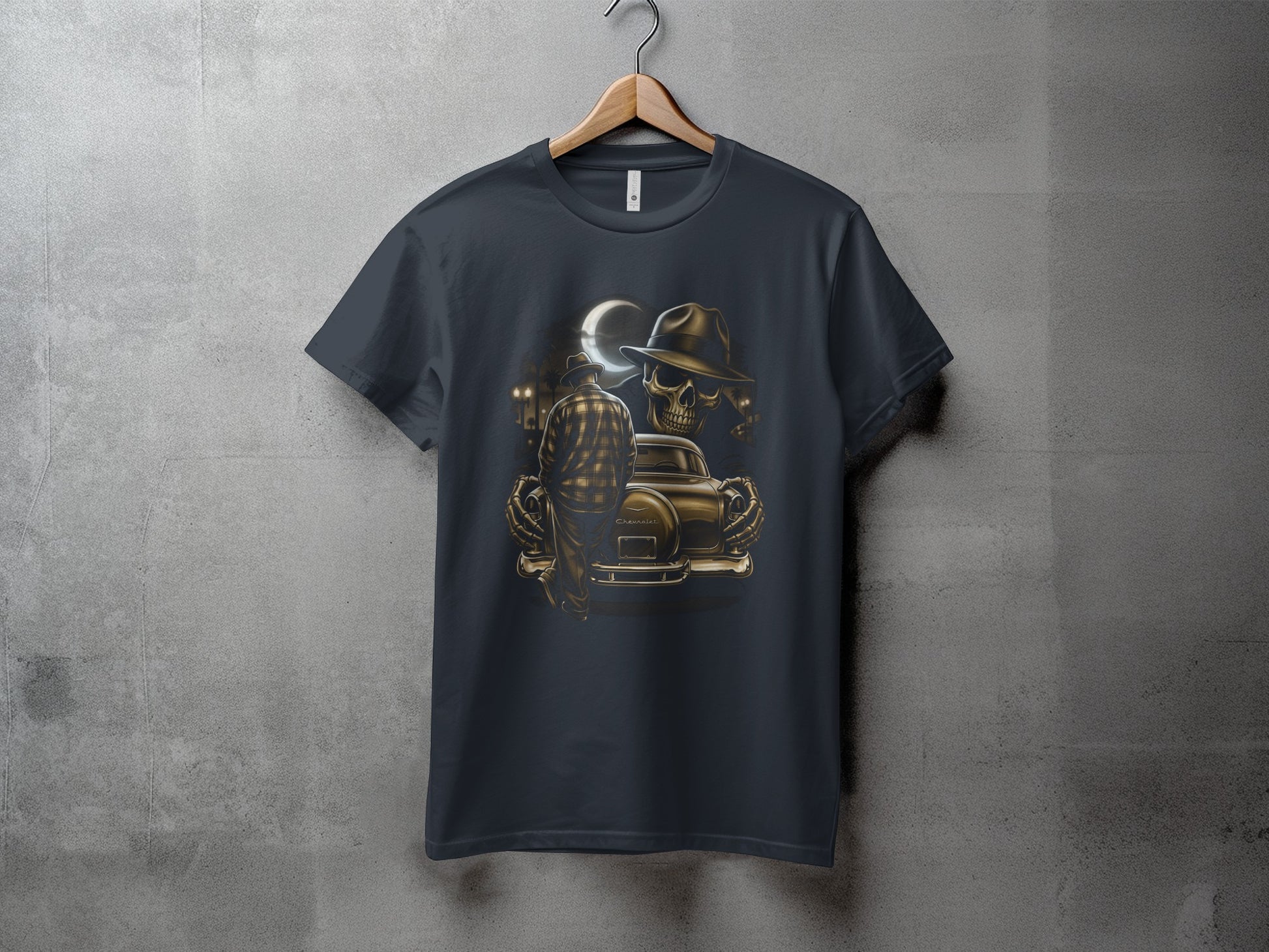 Dark t-shirt with a graveyard scene, skeleton, and classic car graphic.