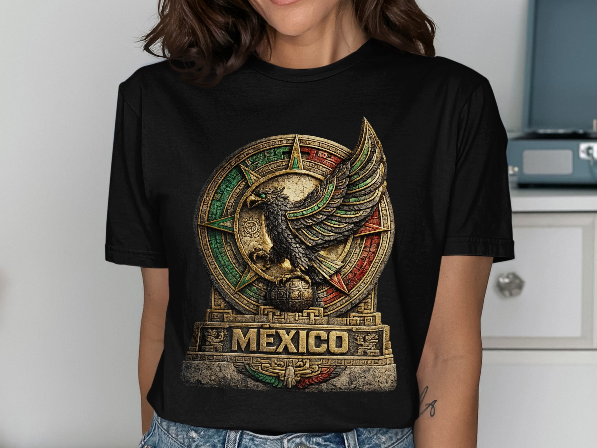 Black t-shirt with circular Aztec-inspired Mexico emblem and eagle.