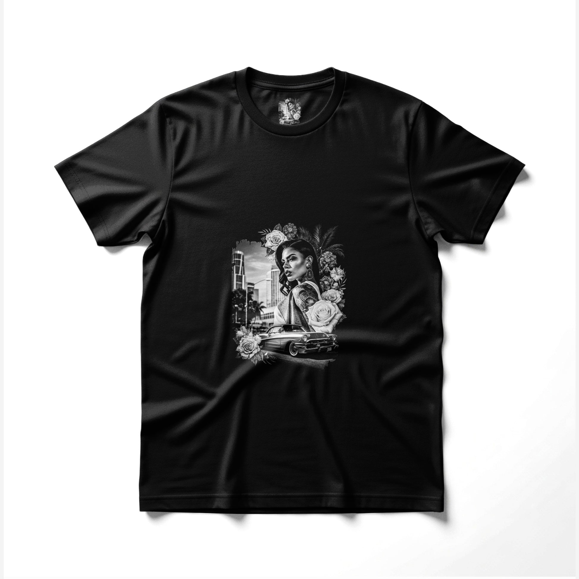 Black t-shirt with a vintage illustration of a woman and a classic car.