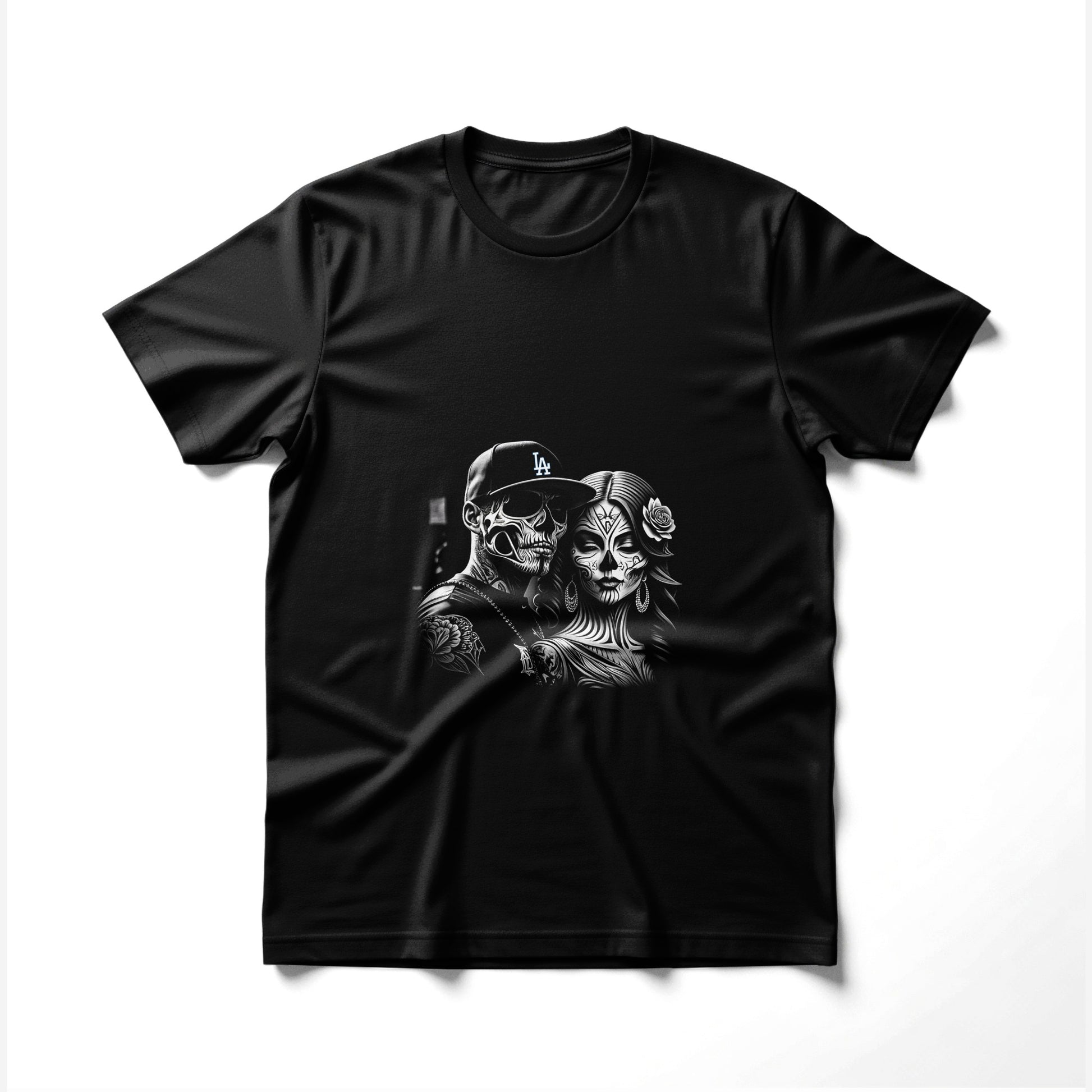 Black t-shirt with skull makeup couple graphic.