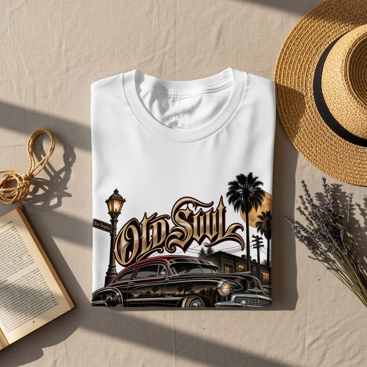 White t-shirt with "Old Soul" text, vintage car, palm trees, and Los Angeles street sign.