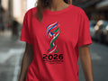 Red t-shirt with 2026 North America USA Canada Mexico logo.