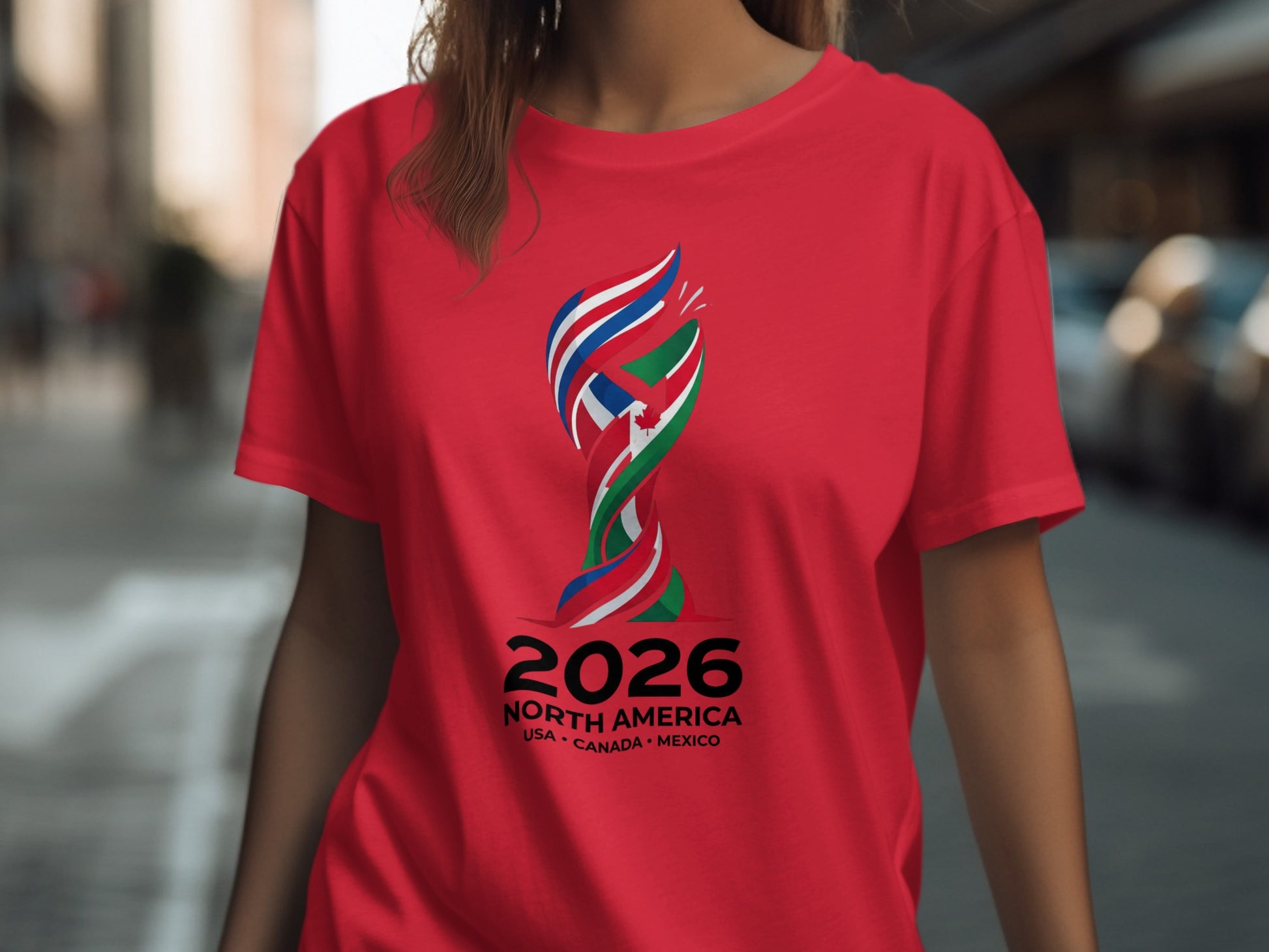 Red t-shirt with 2026 North America USA Canada Mexico logo.