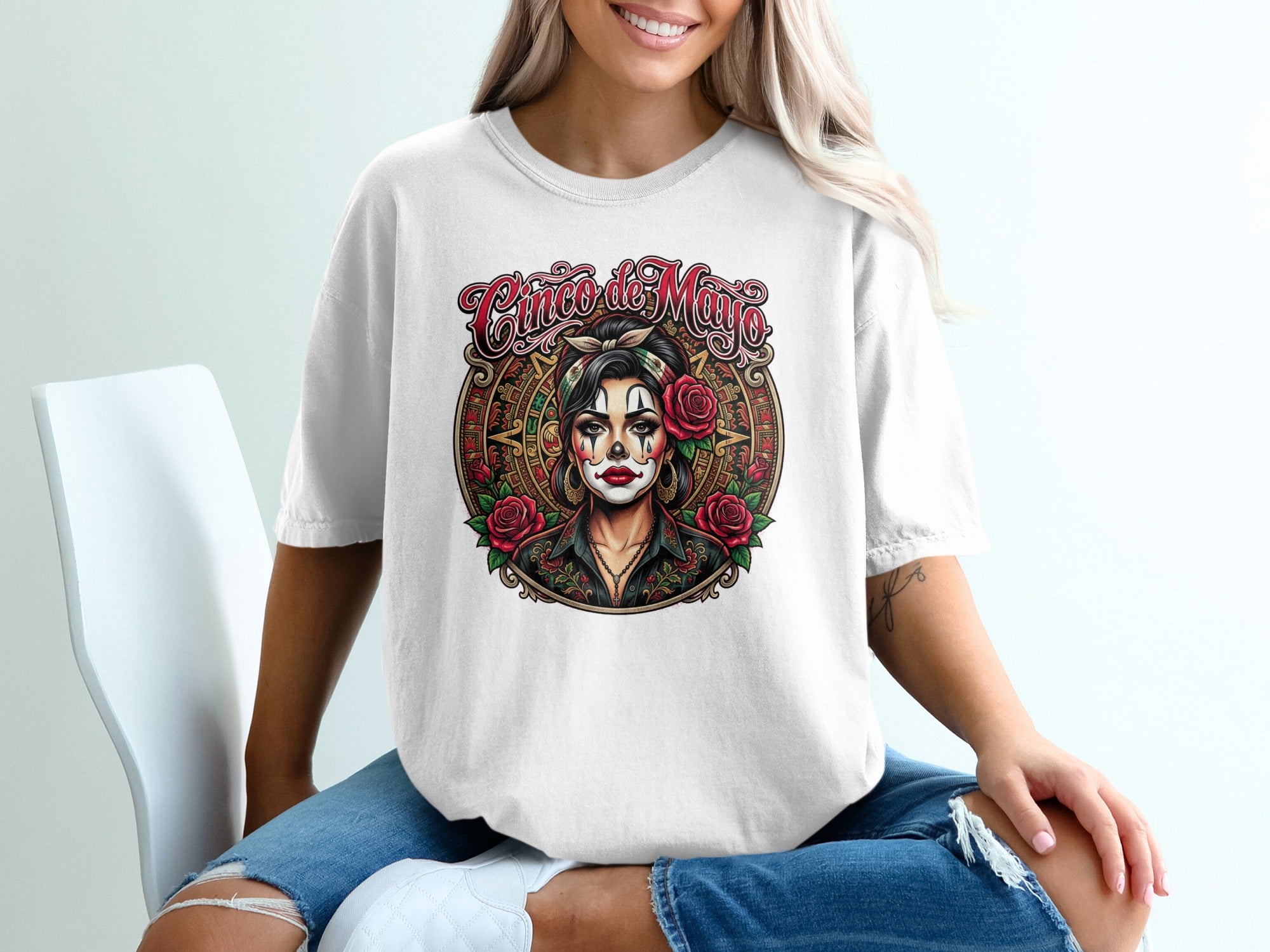 Cinco de Mayo graphic tee with floral skull art.