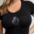 Black t-shirt with a grayscale image of hands holding rosary beads.