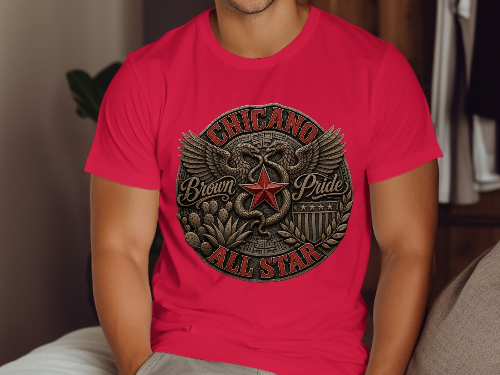 Red t-shirt with "Chicano Pride All Star" emblem featuring a star and wings.