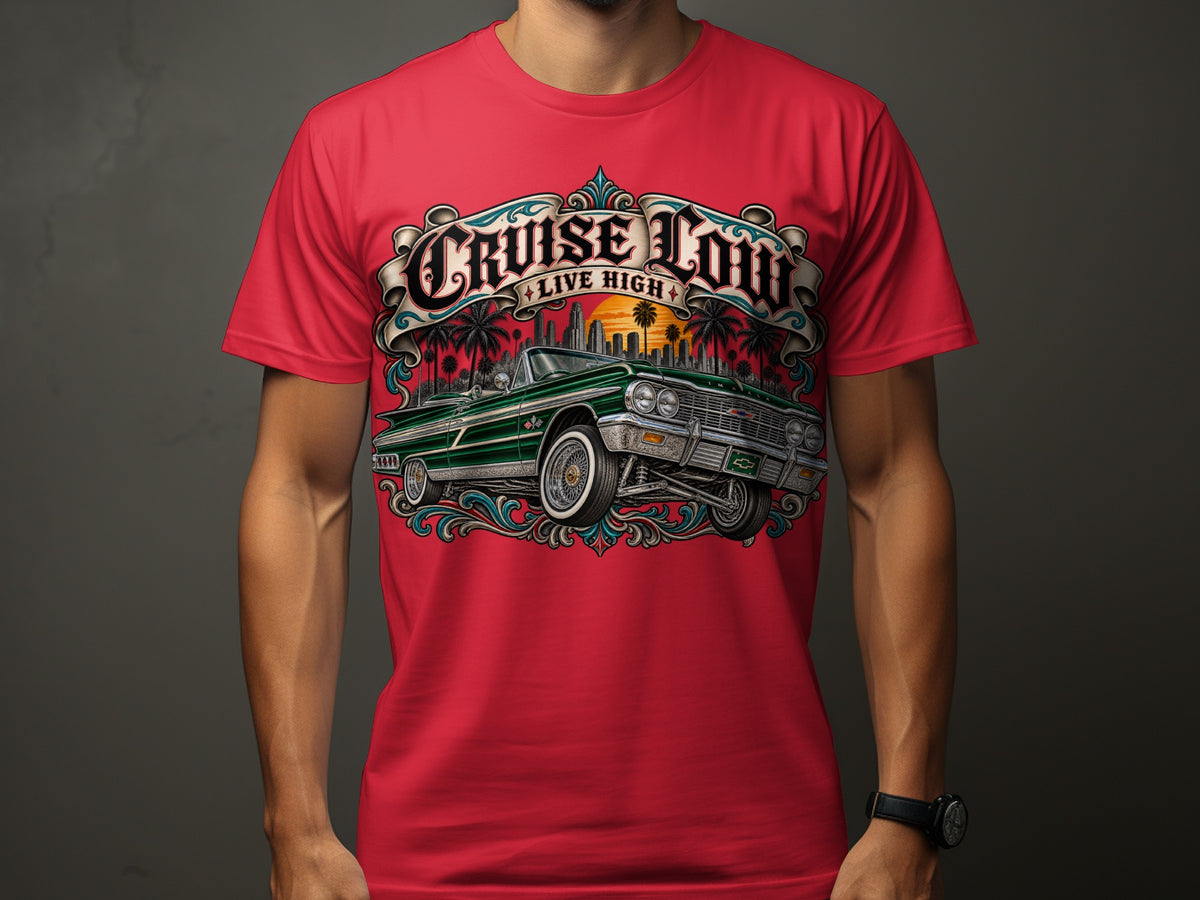 Red t-shirt with "Cruise Low Live High" text and vintage green lowrider car graphic.