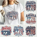 Six patriotic t-shirt designs featuring 