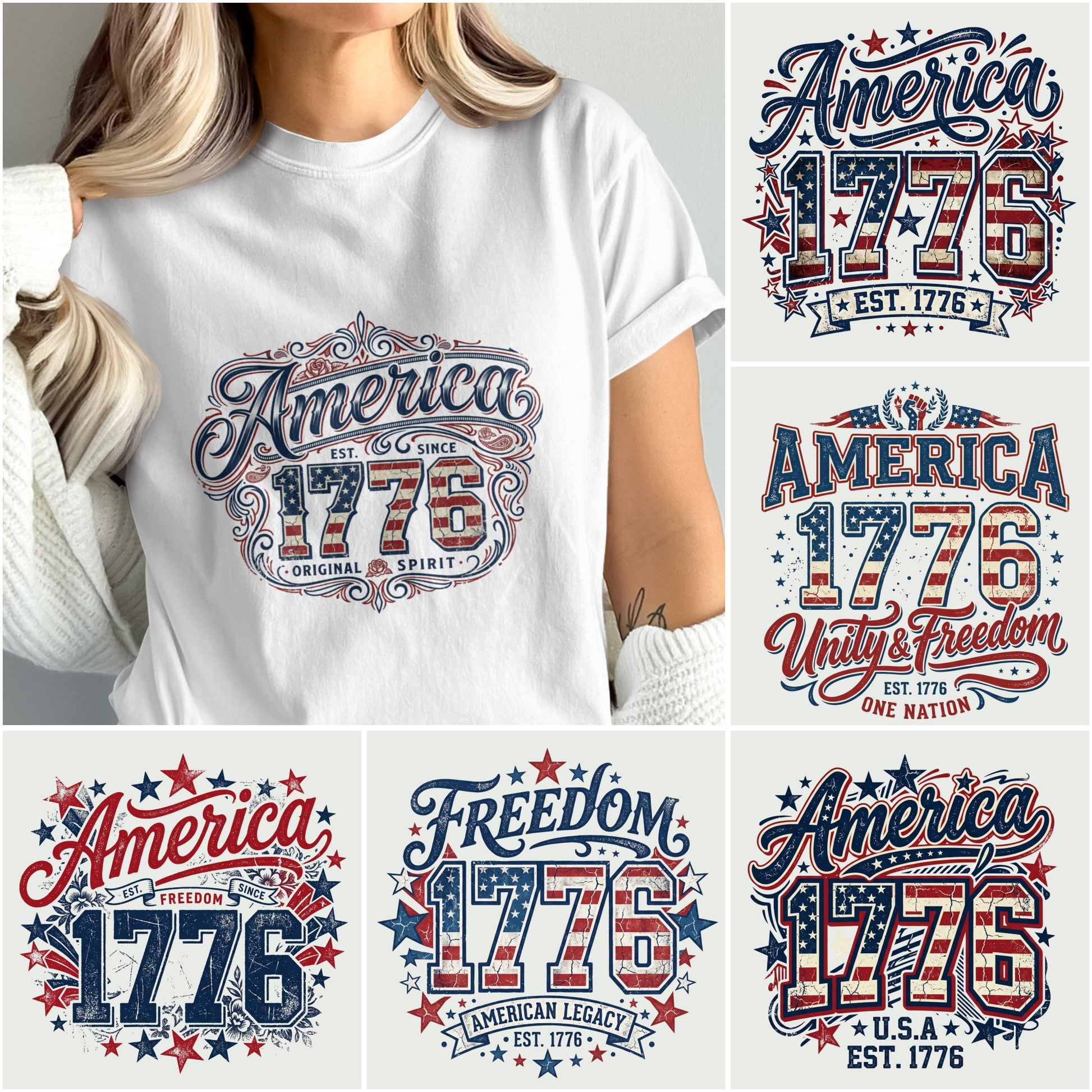 Six patriotic t-shirt designs featuring "America 1776" and stars.