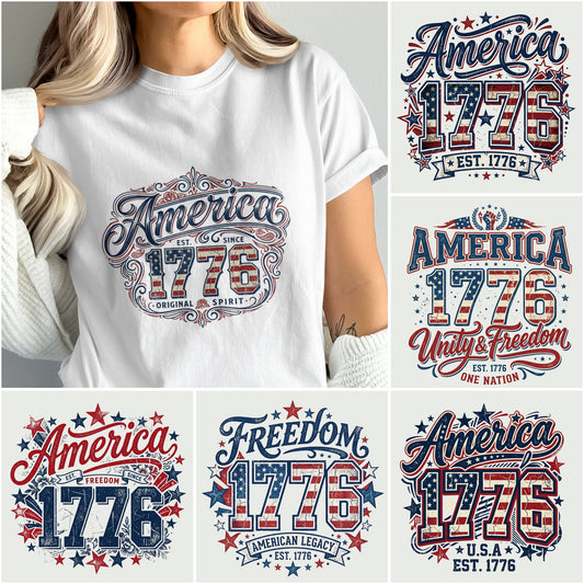 Six patriotic t-shirt designs featuring "America 1776" and stars.