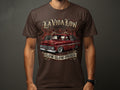 Brown t-shirt with vintage red truck, flames, and text 