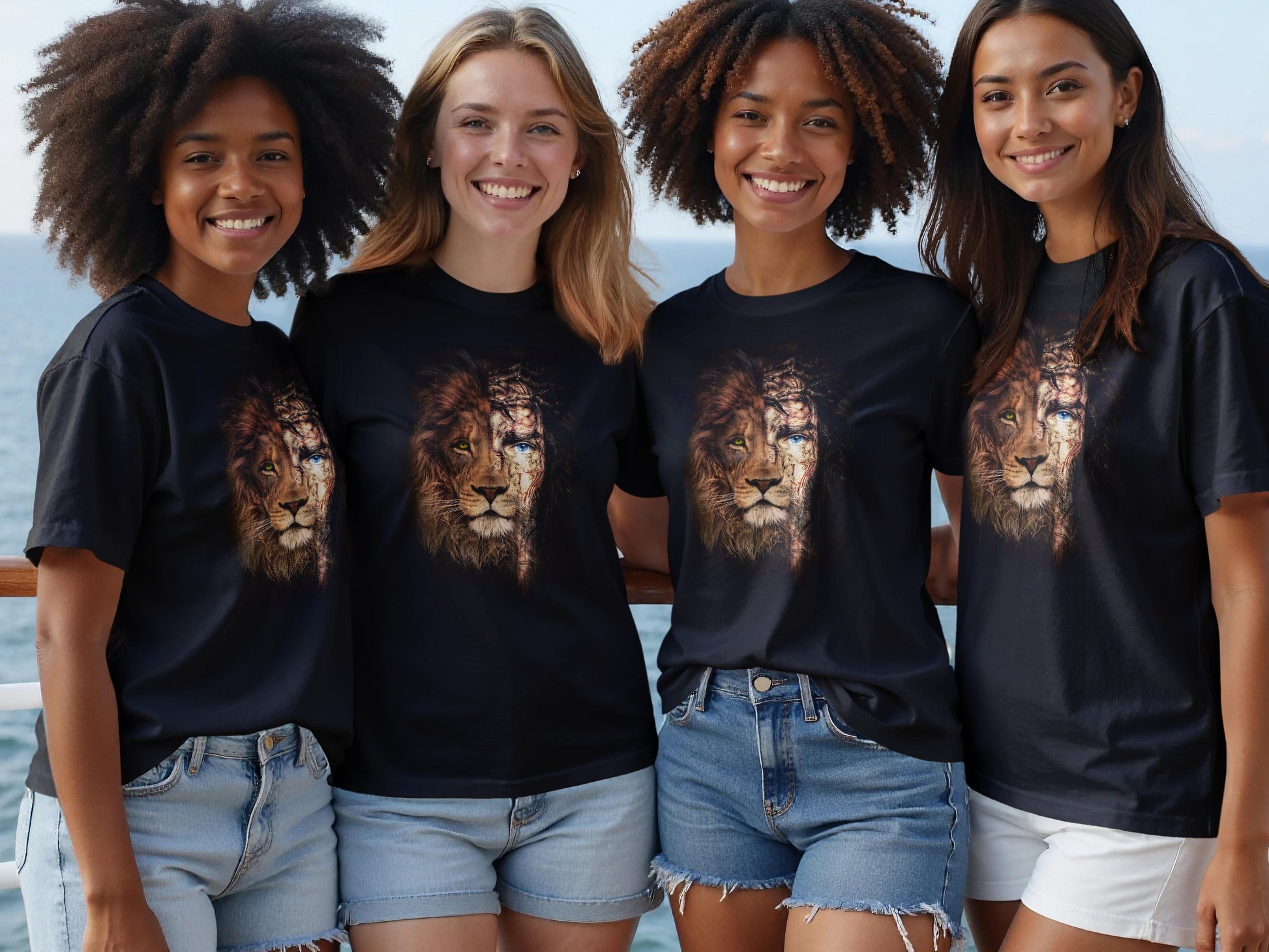 Four women wearing t-shirts with a split lion face design.