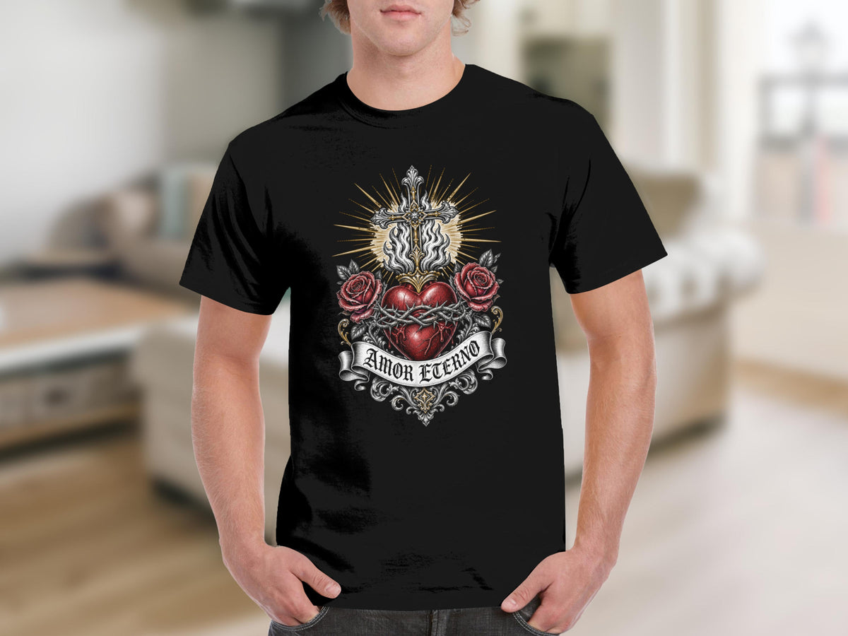 Black t-shirt with a Sacred Heart graphic, thorns, roses, and "Amor Eterno" text.
