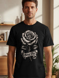 Black t-shirt with grayscale rose graphic and 