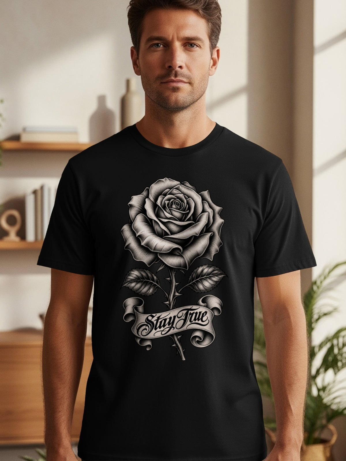 Black t-shirt with grayscale rose graphic and "Stay True" banner.