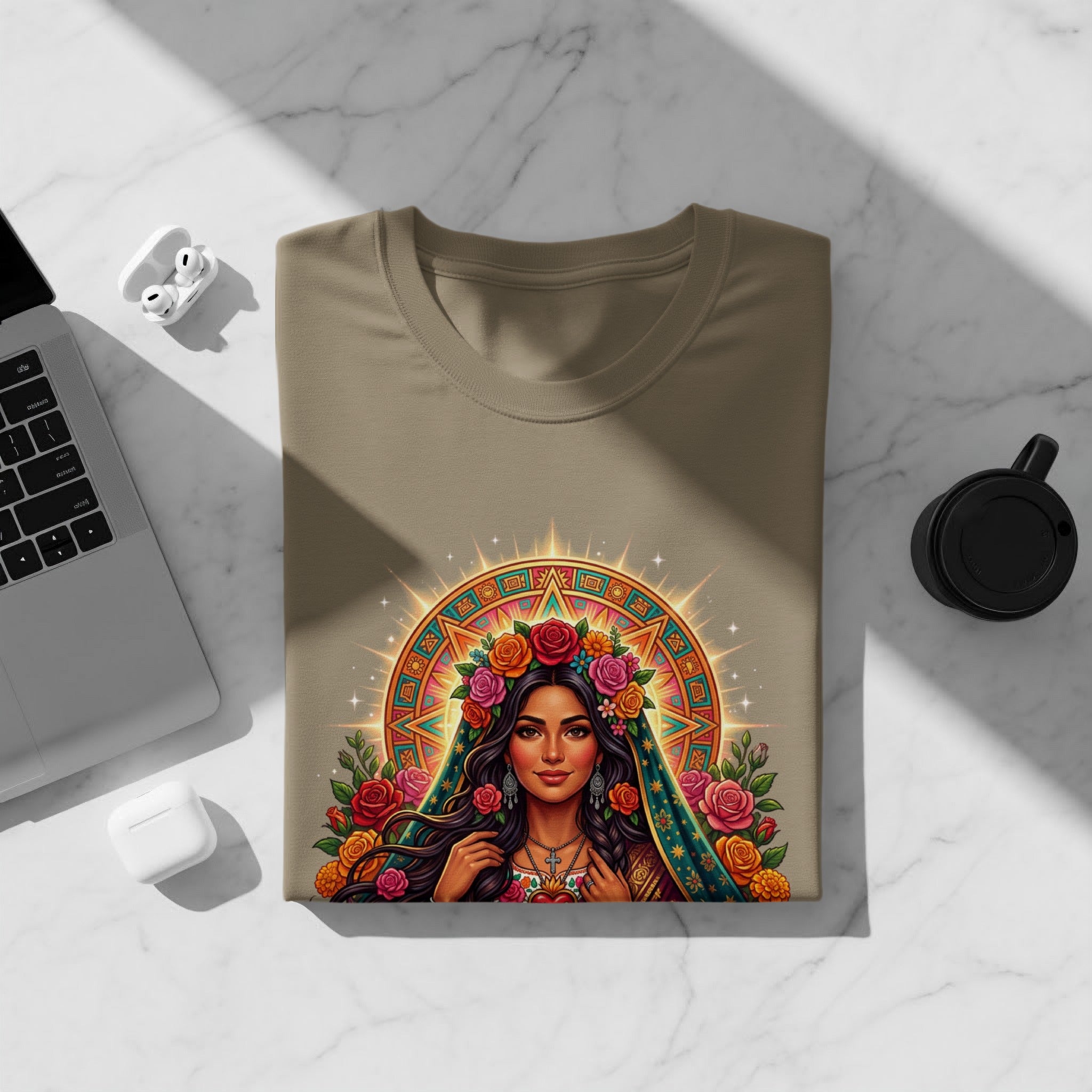 T-shirt featuring a colorful portrait of a woman adorned with flowers and celestial symbols.