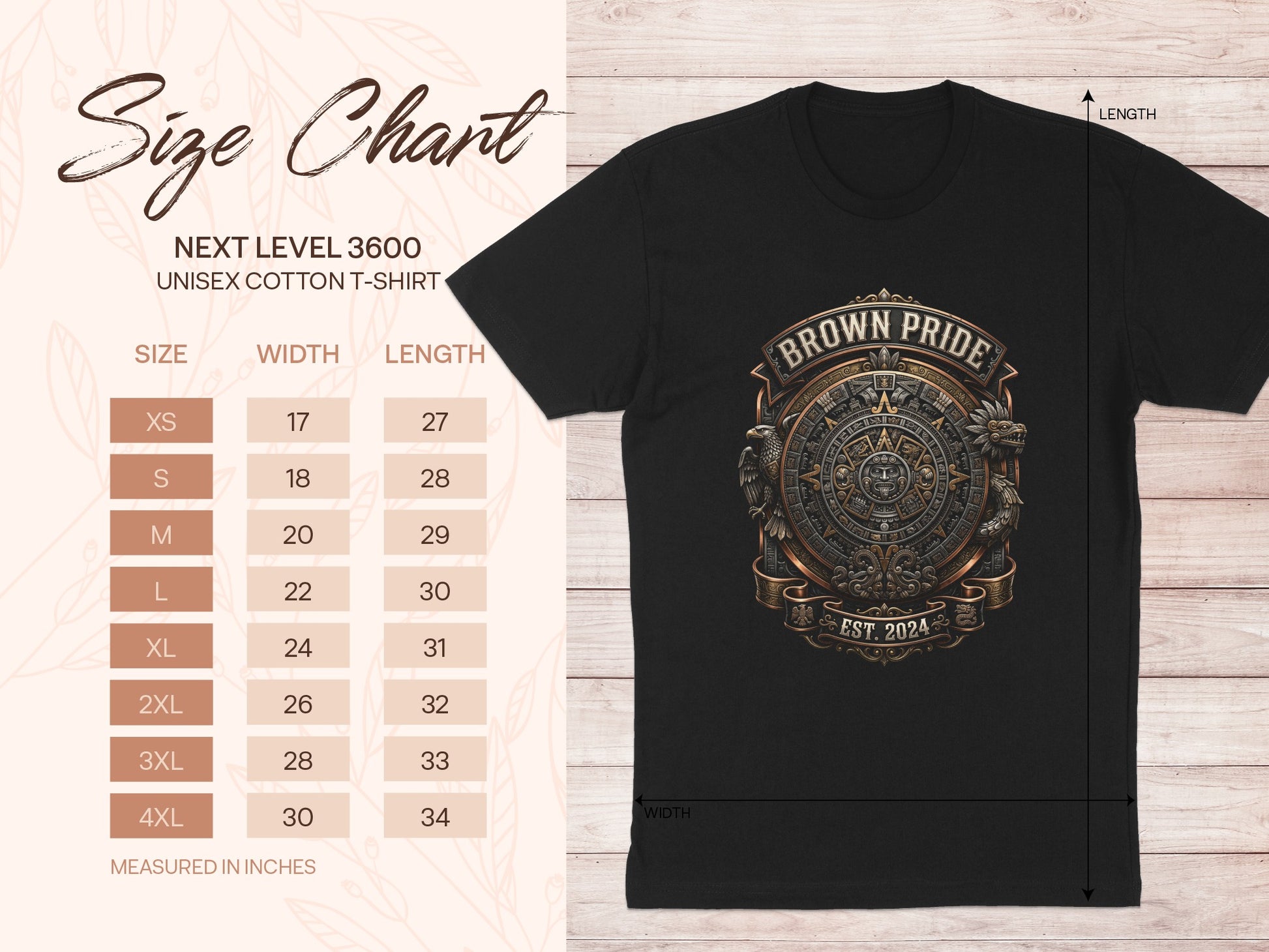 Unisex cotton t-shirt size chart for "Brown Pride" with measurements.