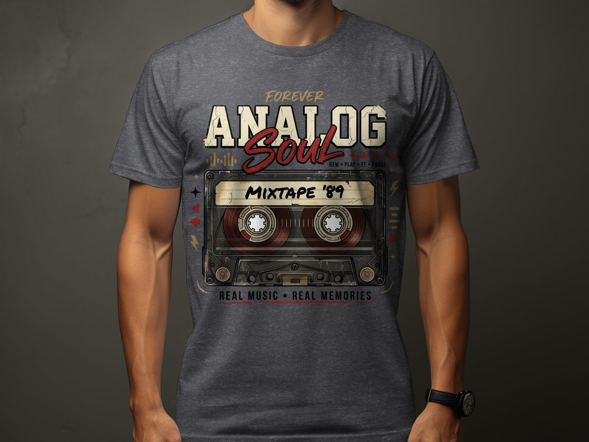 Dark gray t-shirt with "Forever Analog Soul Mixtape '89" and cassette graphic.