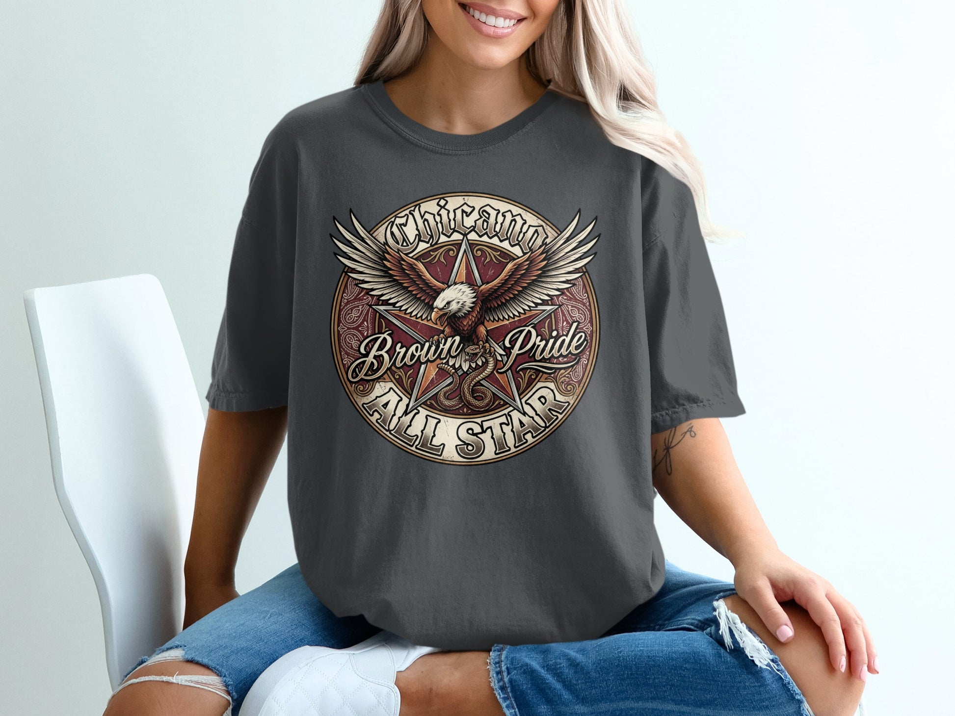 Dark gray t-shirt with eagle, "Chicago Brown Pride All Star" text.