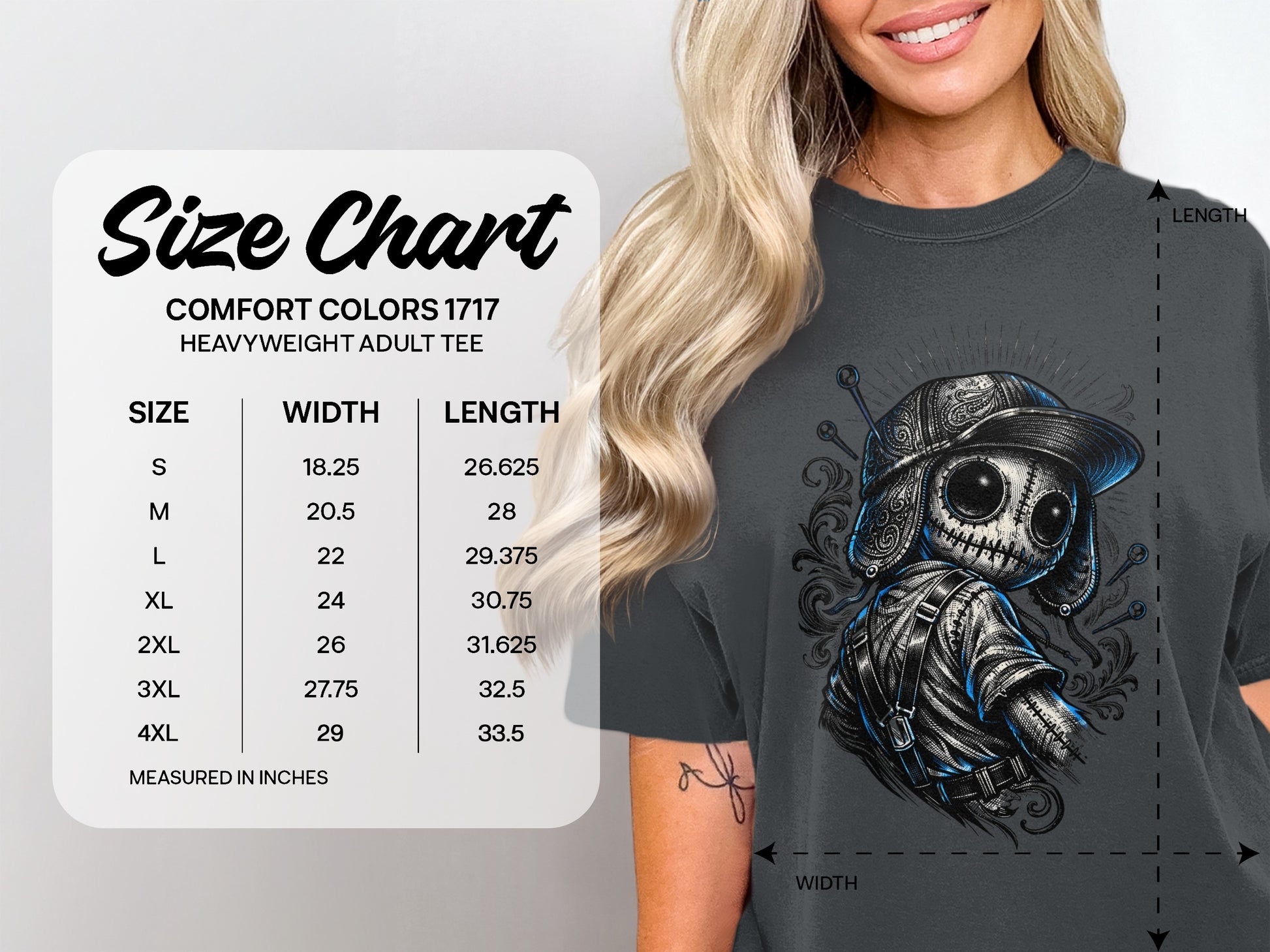 Comfort Colors 1717 heavyweight adult tee size chart with measurements.
