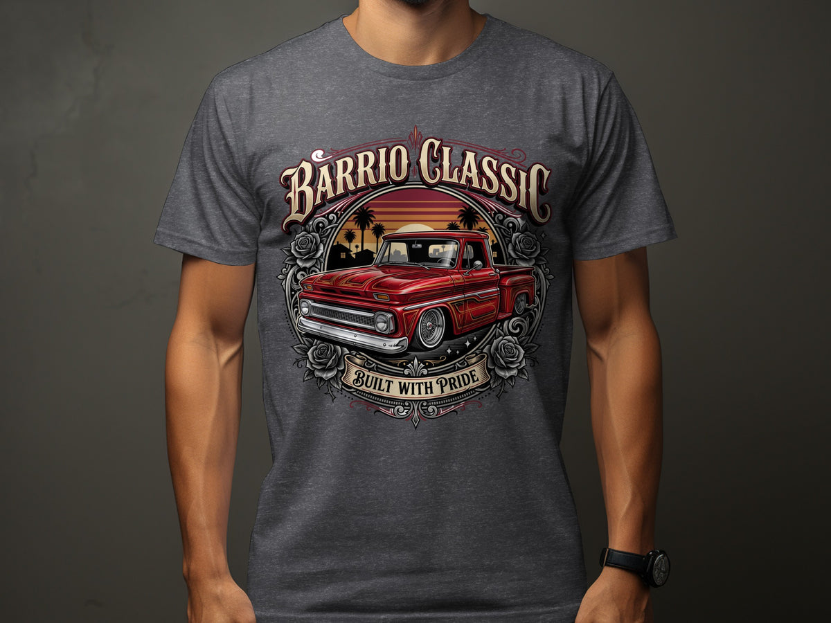 "Barrio Classic" t-shirt featuring a red vintage truck with "Built With Pride" text.