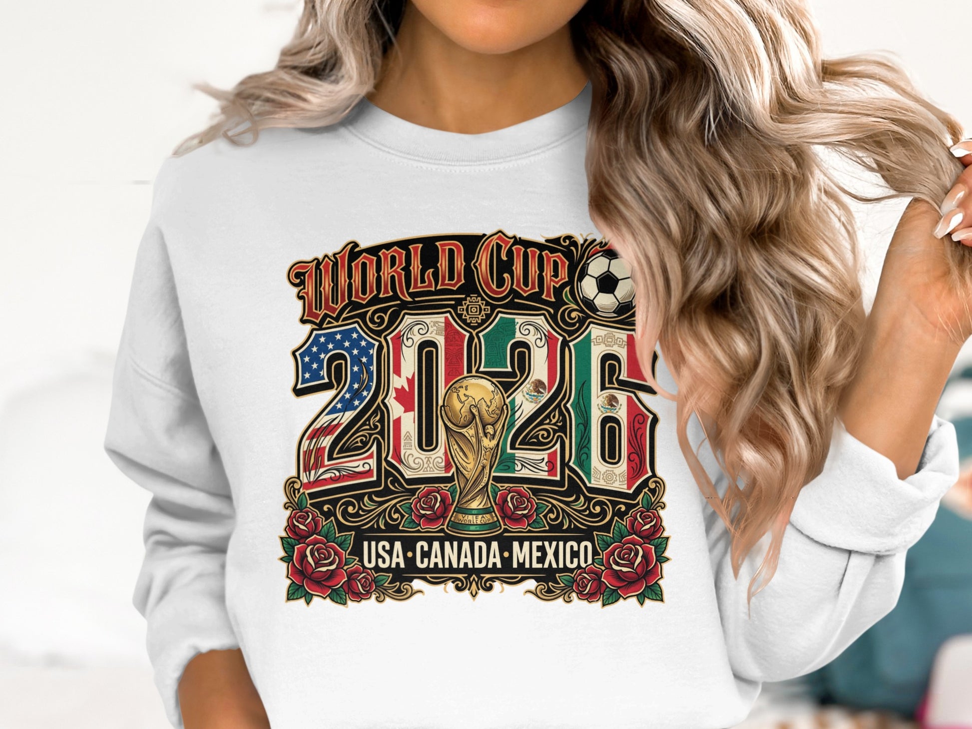 World Cup 2026 USA Canada Mexico graphic with trophy and roses.