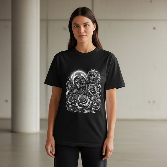 Black t-shirt with floral and skull graphic featuring religious iconography.