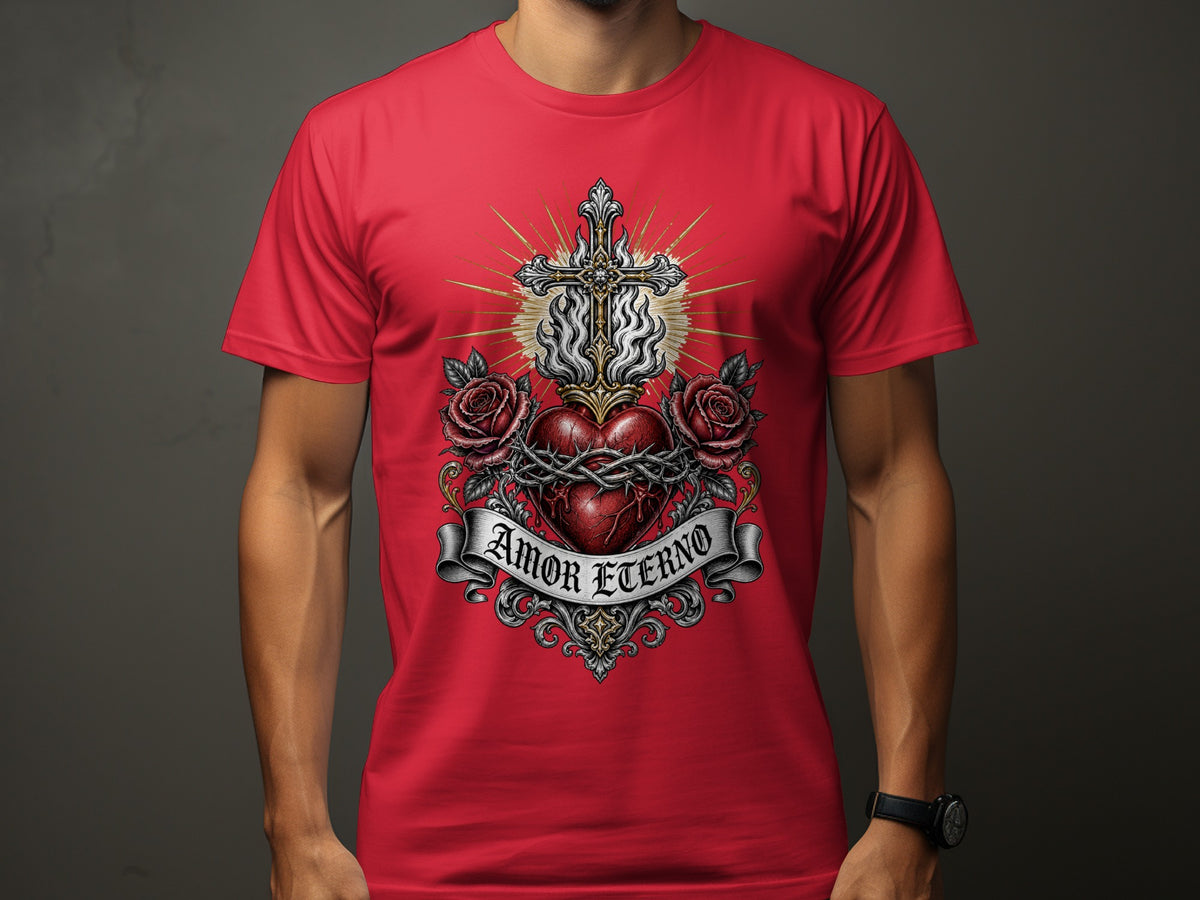 Red t-shirt with Sacred Heart design and "Amor Eterno" text.