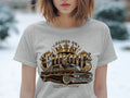 T-shirt graphic with vintage lowrider car, crown, and text 