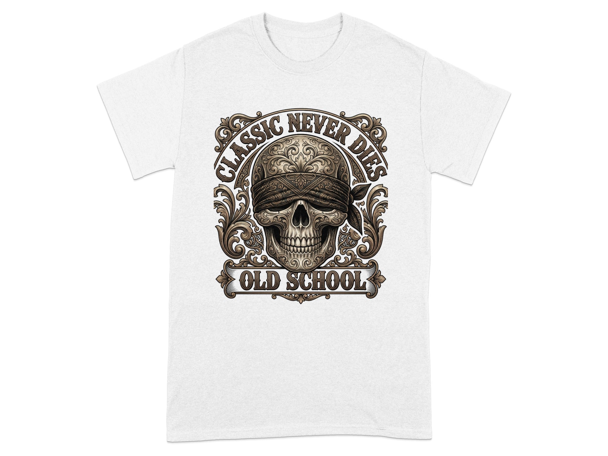 T-shirt with skull graphic, bandana, and text "Classic Never Dies Old School".