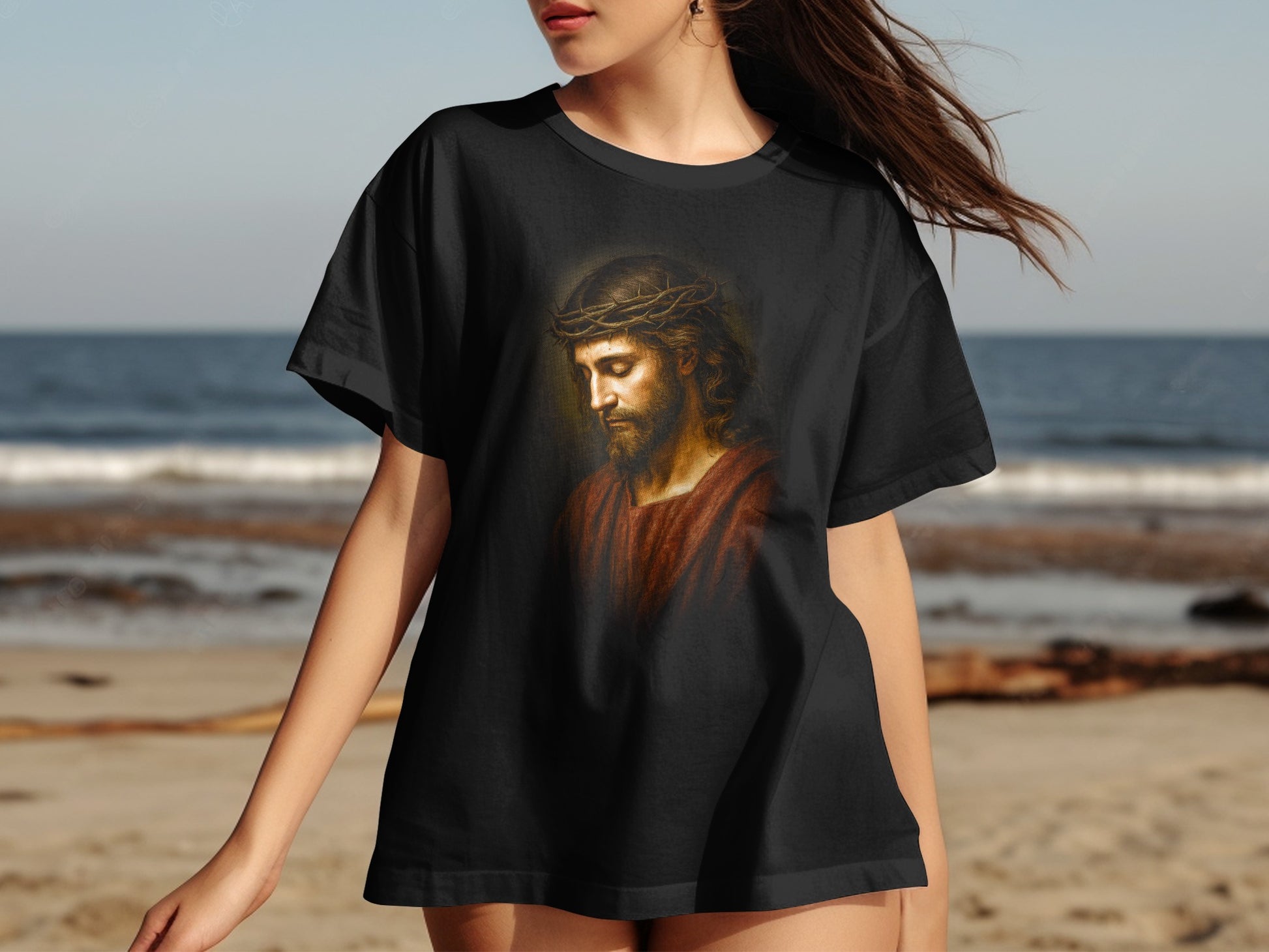 Black t-shirt with Jesus Christ wearing a crown of thorns.