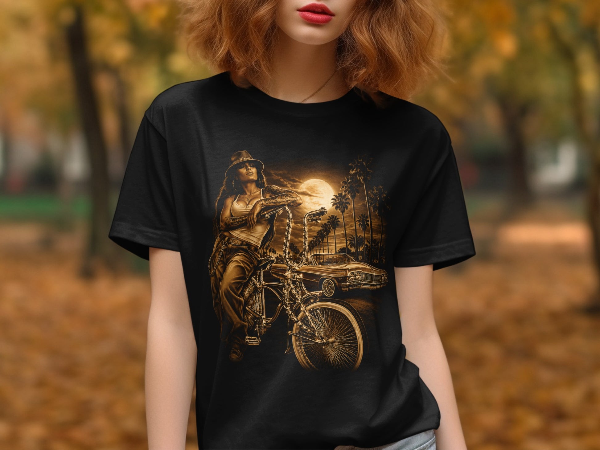 Woman in hat leaning on bicycle with vintage car and palm trees at night.