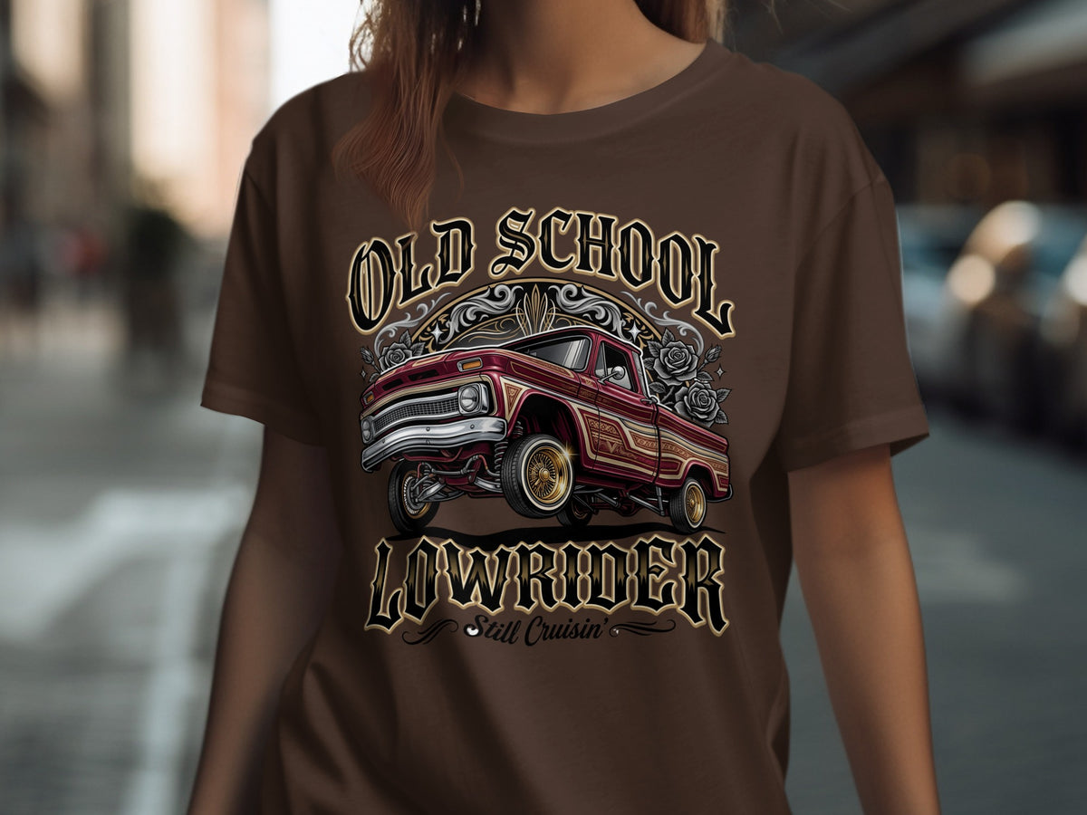 Brown t-shirt with "Old School Lowrider" text and a red lowrider truck graphic.