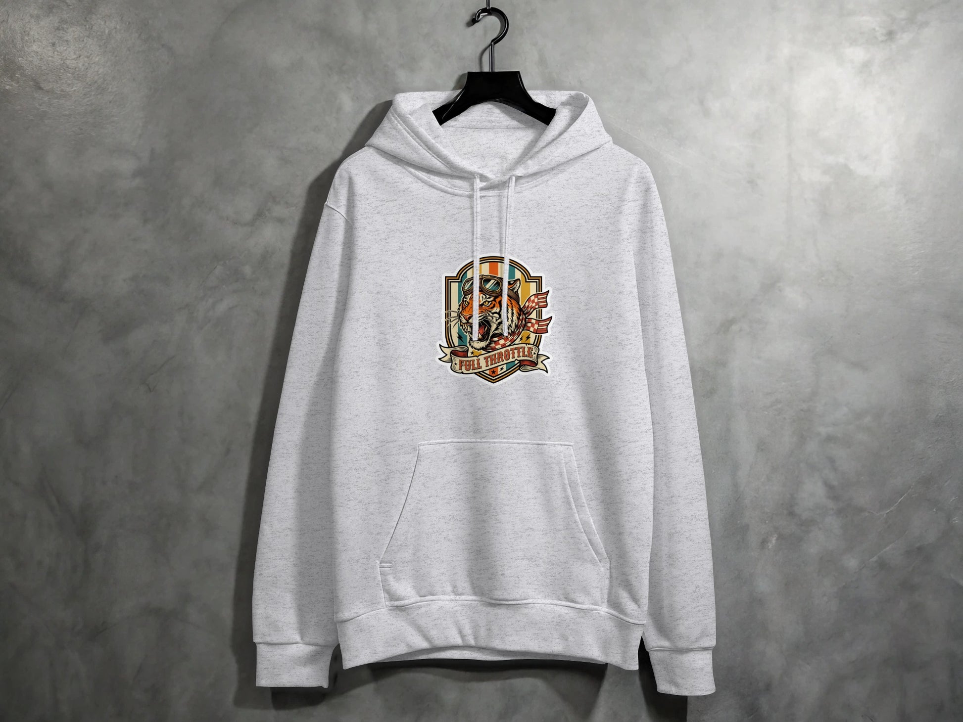 Light grey hoodie with "Full Throttle" graphic on chest.