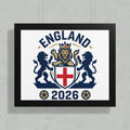 England 2026 crest with lion, shield, and soccer balls.