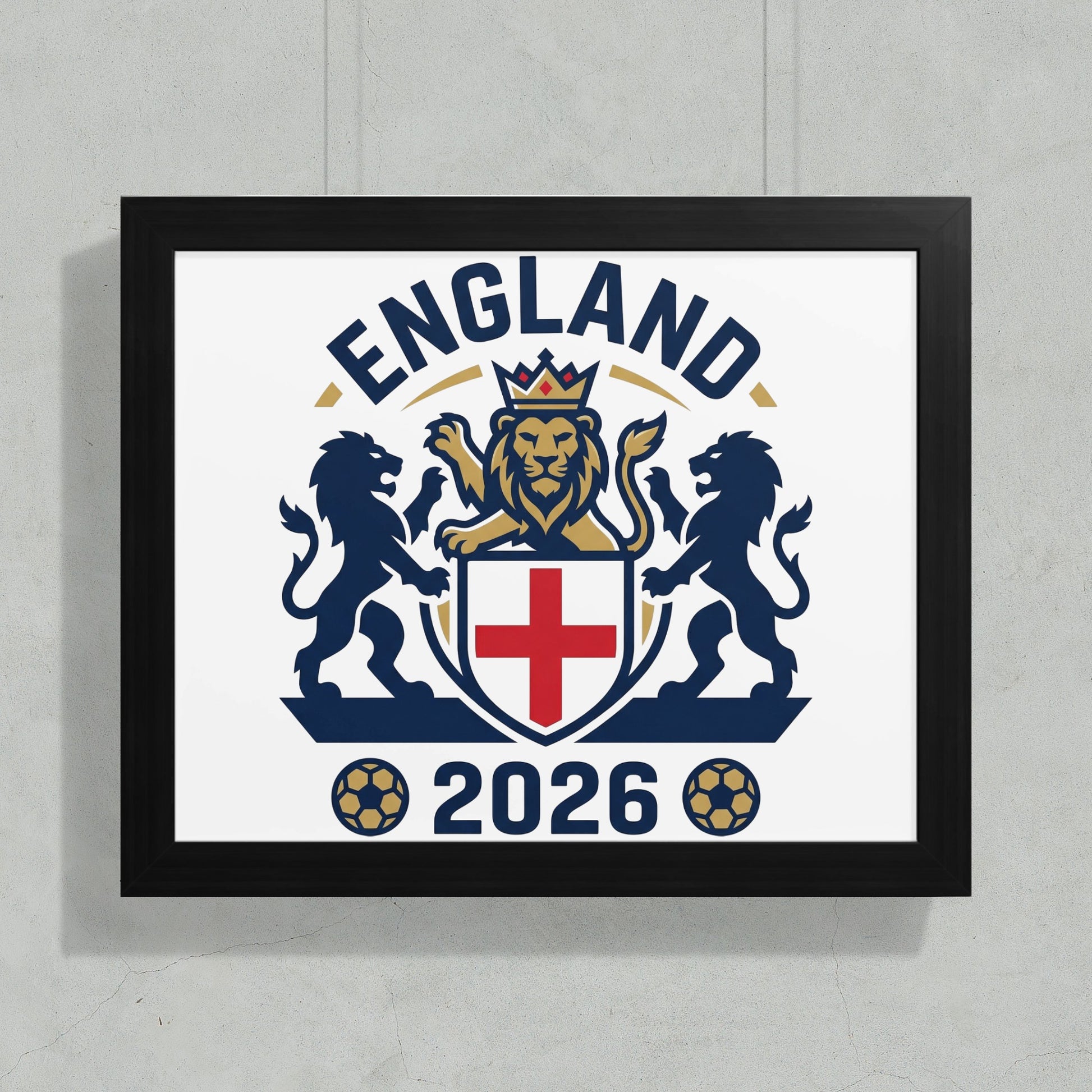 England 2026 crest with lion, shield, and soccer balls.